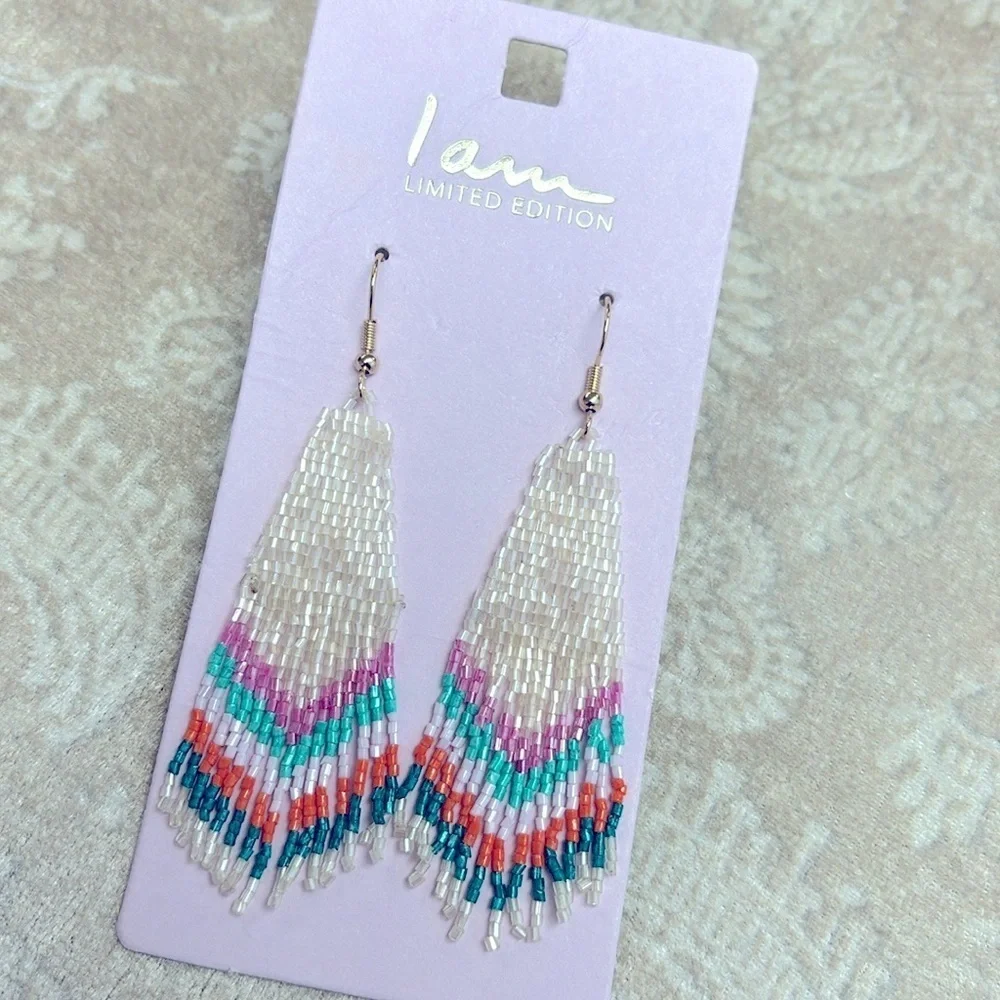 Brand New I Am Colorful Lightweight Glass Seed Beaded Drop Earrings Tribal Aztec